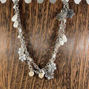 Snowflake & Pearl Charm Necklace Silver Tone Winter Theme Jewelry